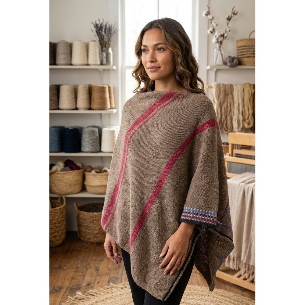 Vintage Alpaca Brown Striped Wool Knit Poncho Wrap Size L Southwestern Retro